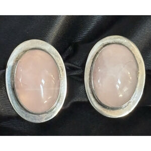 Vintage Oval Pink Quartz Cabochon & Sterling Silver Clip Earrings Taxco Mexico